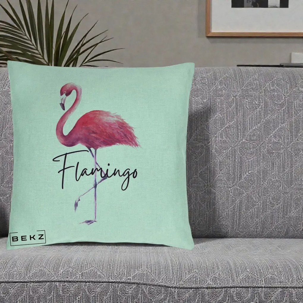 Perna Decorativa Flamingo Acuarela, 40x40 cm, Verde Menta, Husa Detasabila, Perna Inclusa, BEKZ®
