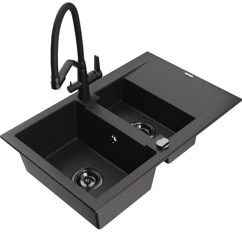 Mexen Gaspar chiuvetă de granit cu 1,5 cuve cu picurător și robinet de bucătărie Duo, negru/auriu metalic