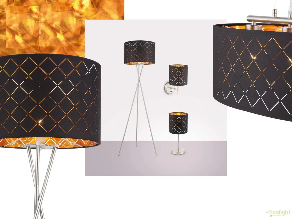 Lampadar elegant cu abajur din tesatura negru cu auriu, CLARKE 15229S1 GL