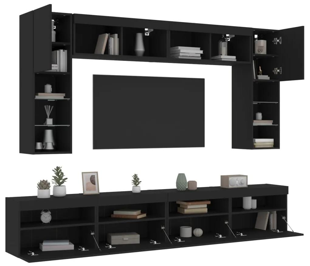 Set comode TV de perete, 8 piese, cu lumini LED, negru