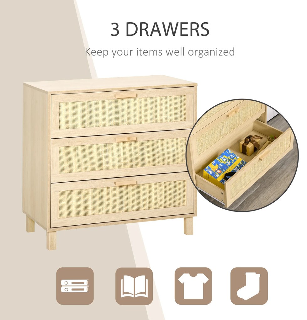 HOMCOM Casetiera cu 3 din lemn si ratan pentru camera de zi si dormitor, 80x40x80cm Culoare Lemn Natural | AOSOM.ro