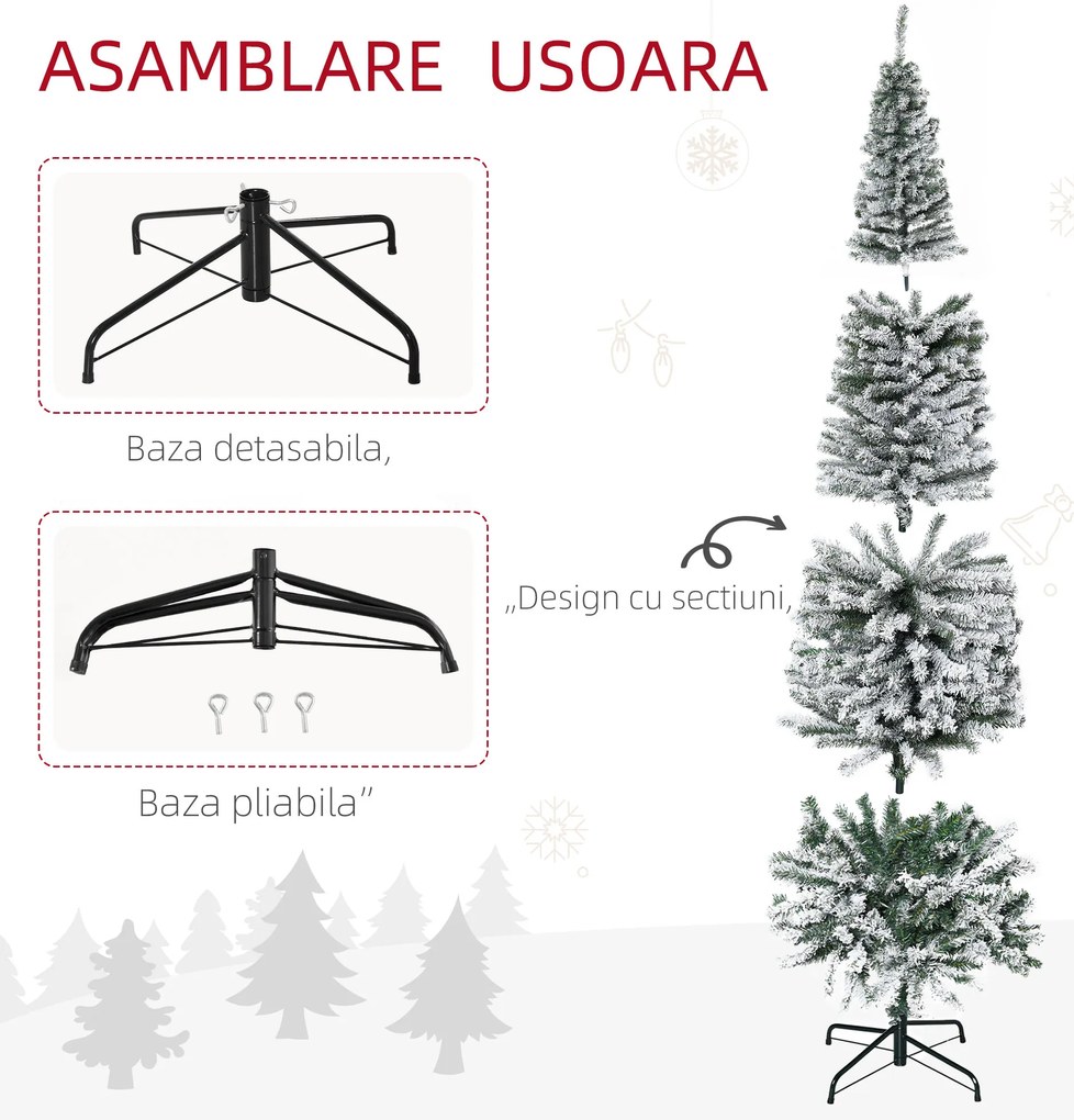 HOMCOM Brad de Crăciun Înzăpezit din PP Verde cu 492 Ramuri Ignifuge și Bază din Oțel Inoxidabil, Ø60x180 cm | Aosom Romania