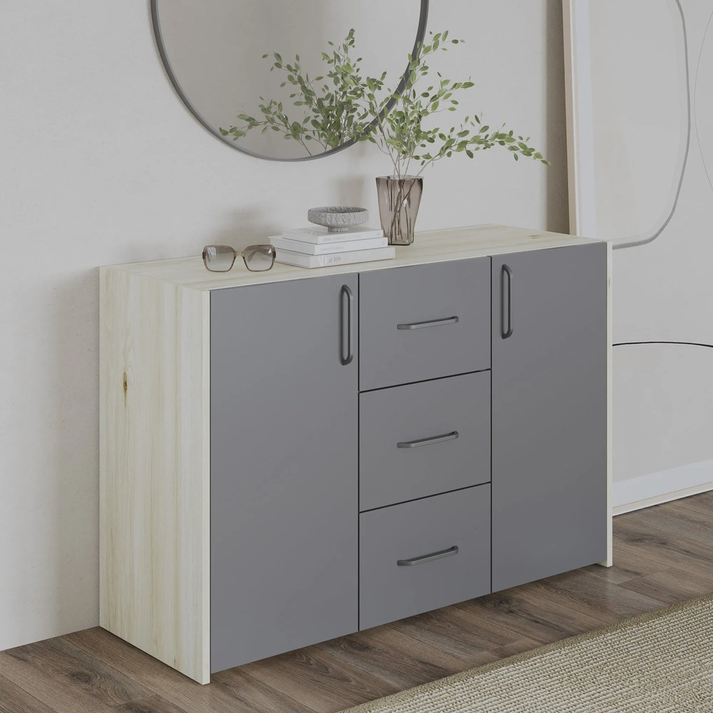 Comoda haaus Malmo, 3 Sertare, 2 Usi, Stejar Alb/Antracit, 120 x 42 x 80 cm