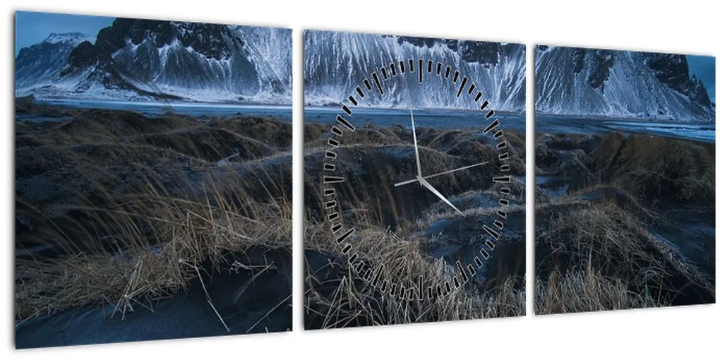 Tablou cu priveliște spre vărfurile Islanda (cu ceas) (90x30 cm)
