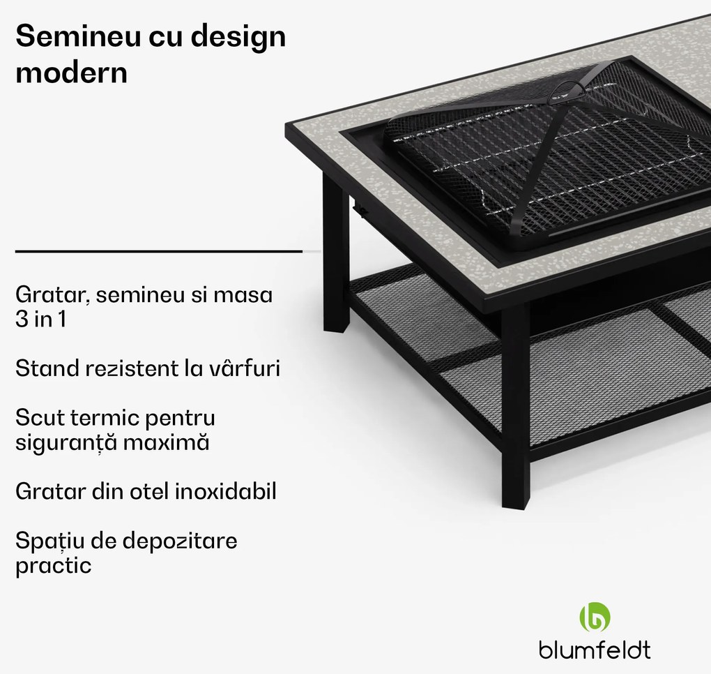 Merano Avanzato L șemineu 3 în 1 cu funcție grill, poate fi folosit ca masă 122 x 87 cm
