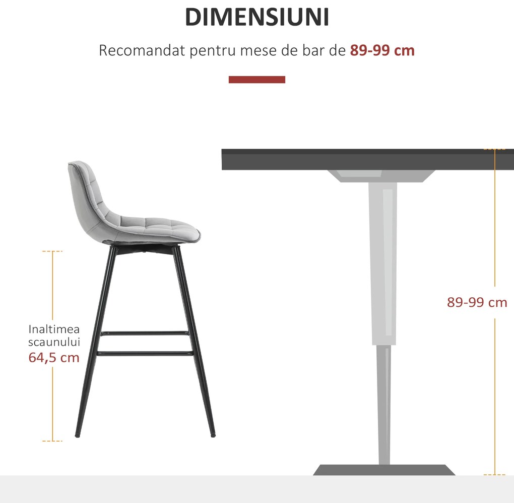 HOMCOM set 2 scaune de bar, stil nordic, 45x47x88 cm, gri | Aosom Romania