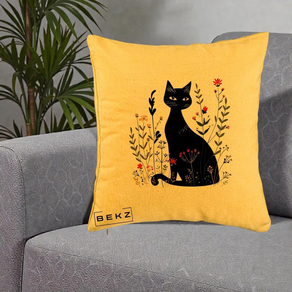 Perna Decorativa Pisica Neagra Botanica Rosu-Gri, 40x40 cm, Galben, Husa Detasabila, Perna Inclusa, BEKZ®