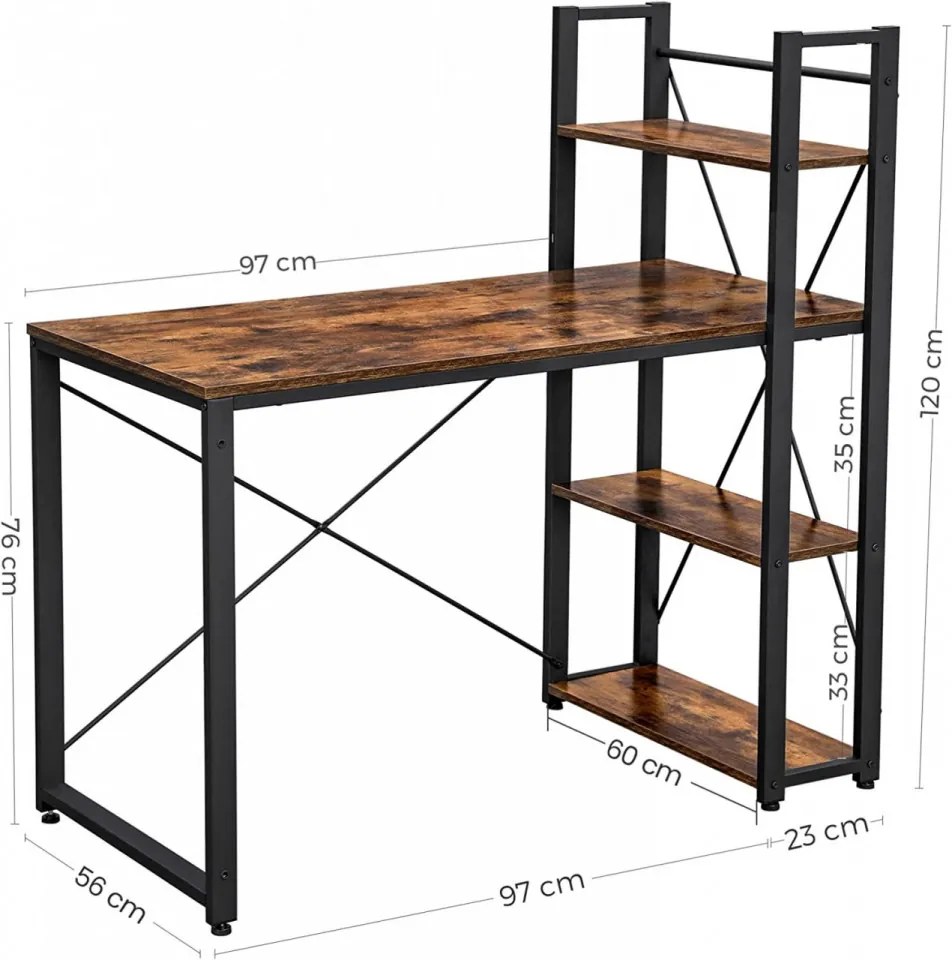 Birou de Studiu cu 3 Rafturi, PAL Melaminat, Maro / Negru, Vasagle, LWD48X