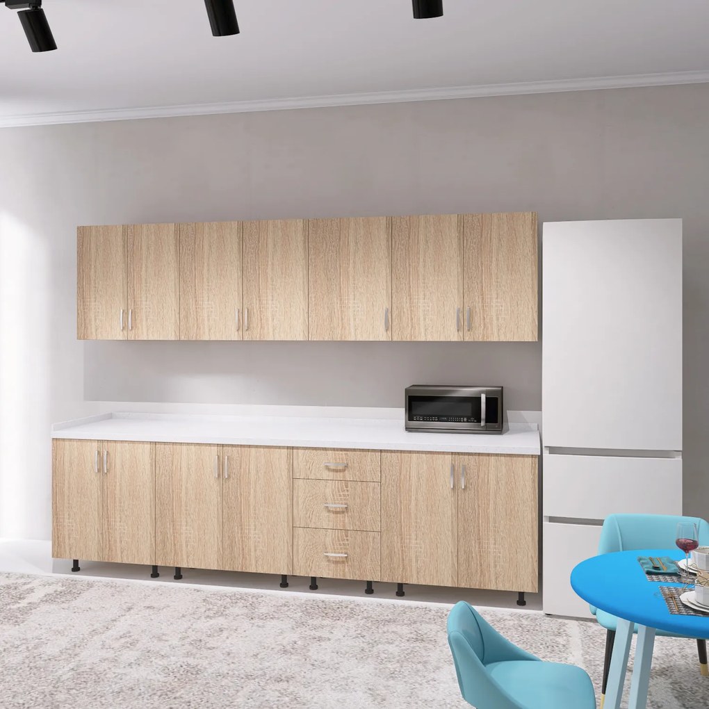 Bucatarie 260 cm Lungime, Material PAL 18mm, Culoare Sonoma, Blat termorezistent 2.8 cm Grosime