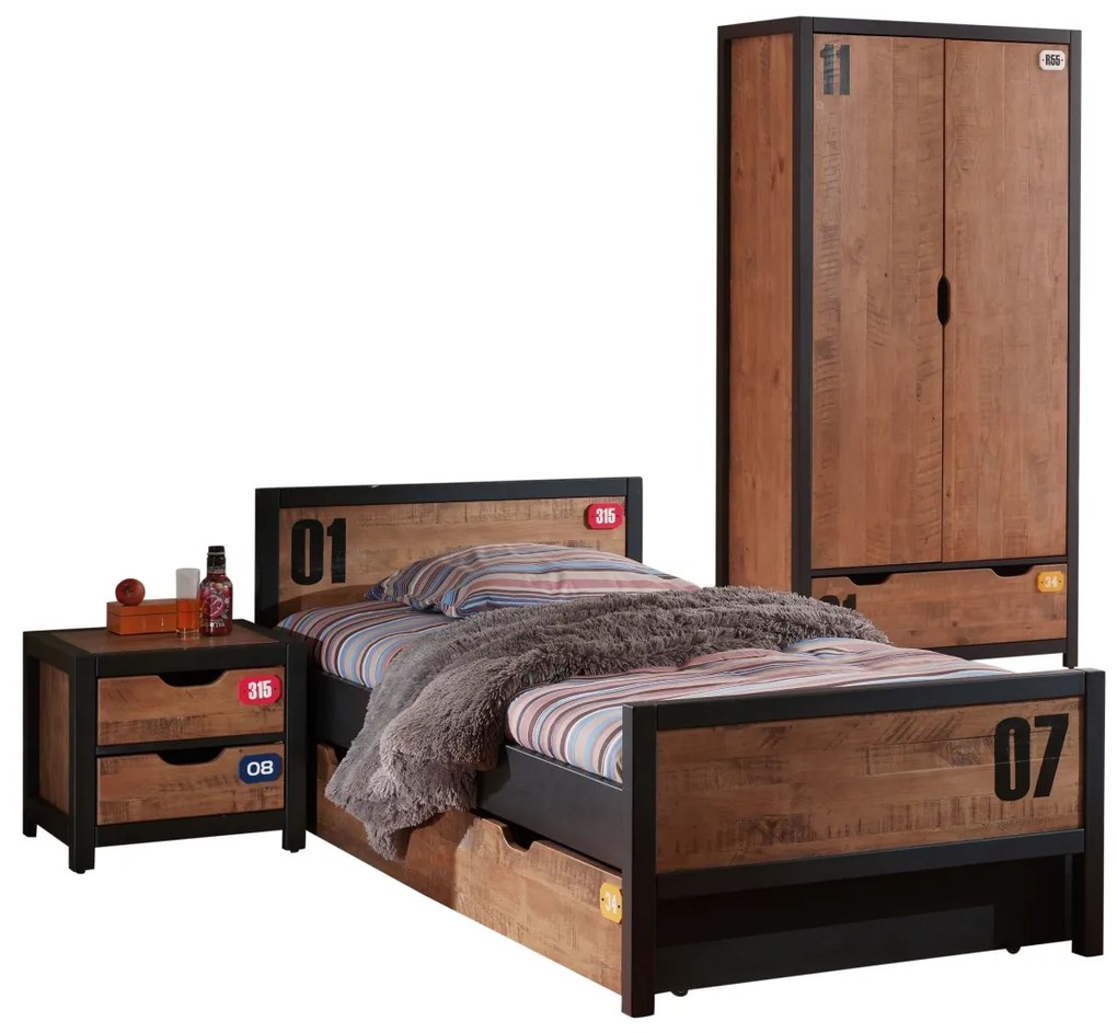 Set Mobilier Cameră Copii ALEX, 4 Piese, Pat 90x200 cm, Pin Masiv, Stil Industrial – Vipack