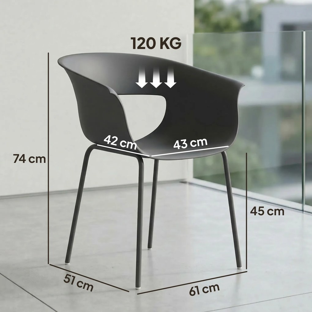 Outsunny Set de 4 Scaune de Exterior, cu Brațe, Spătar Perforat, Picioare Metalice, Gri Închis | Aosom Romania