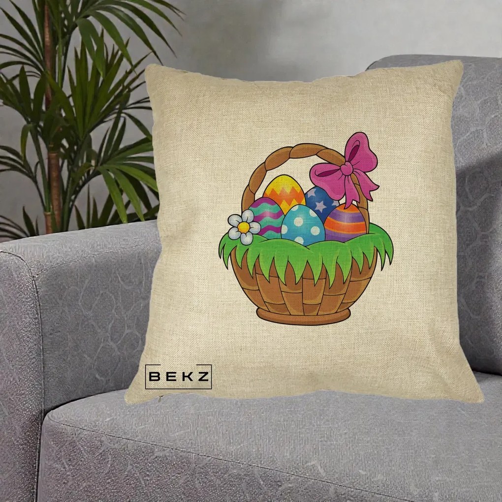 Perna Decorativa Cos cu Oua de Pasti Colorat, 40x40 cm, Crem, Husa Detasabila, Perna Inclusa, BEKZ®