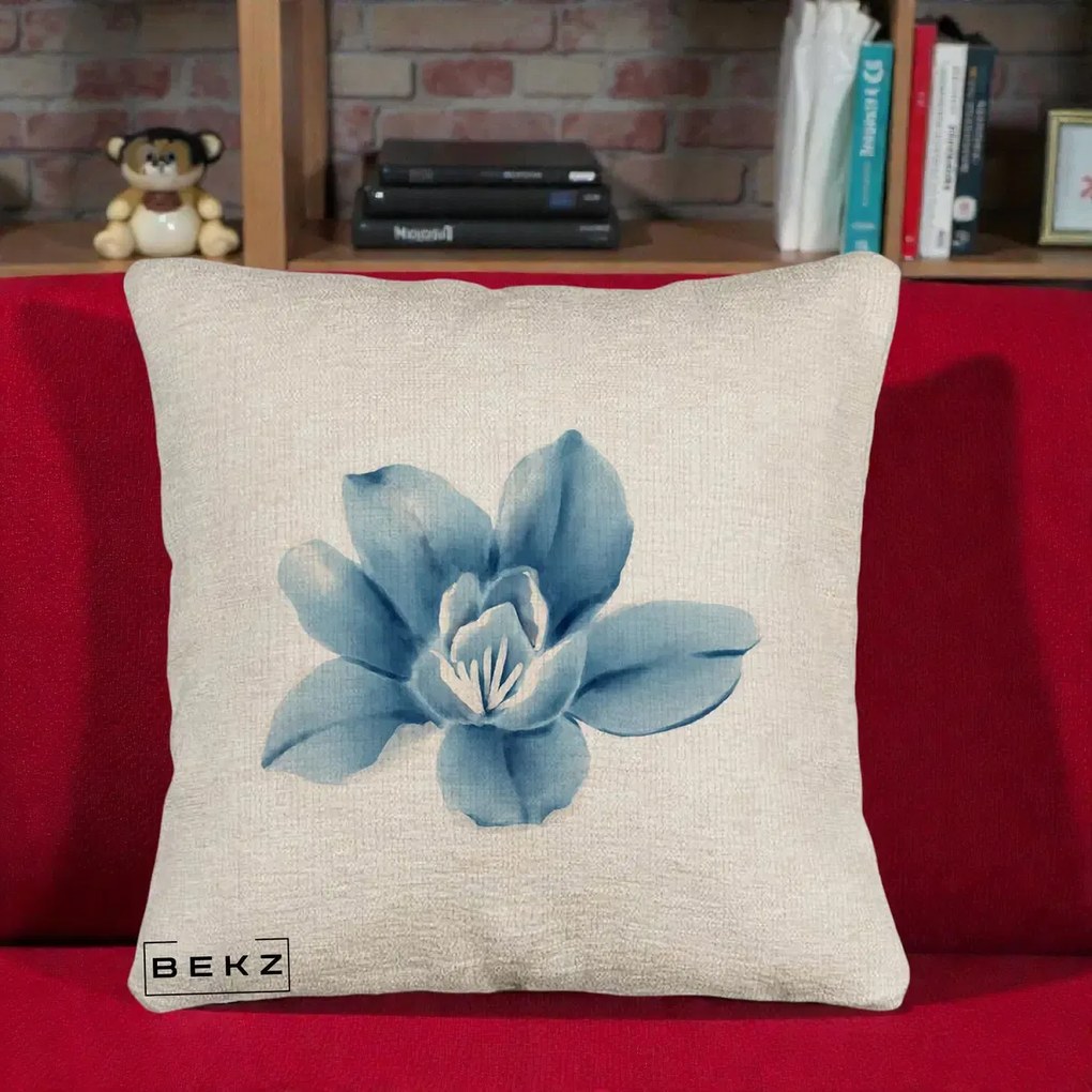 Perna Decorativa Magnolie Albastra Acuarela, 40x40 cm, Bej Canapea, Husa Detasabila, Perna Inclusa, BEKZ®