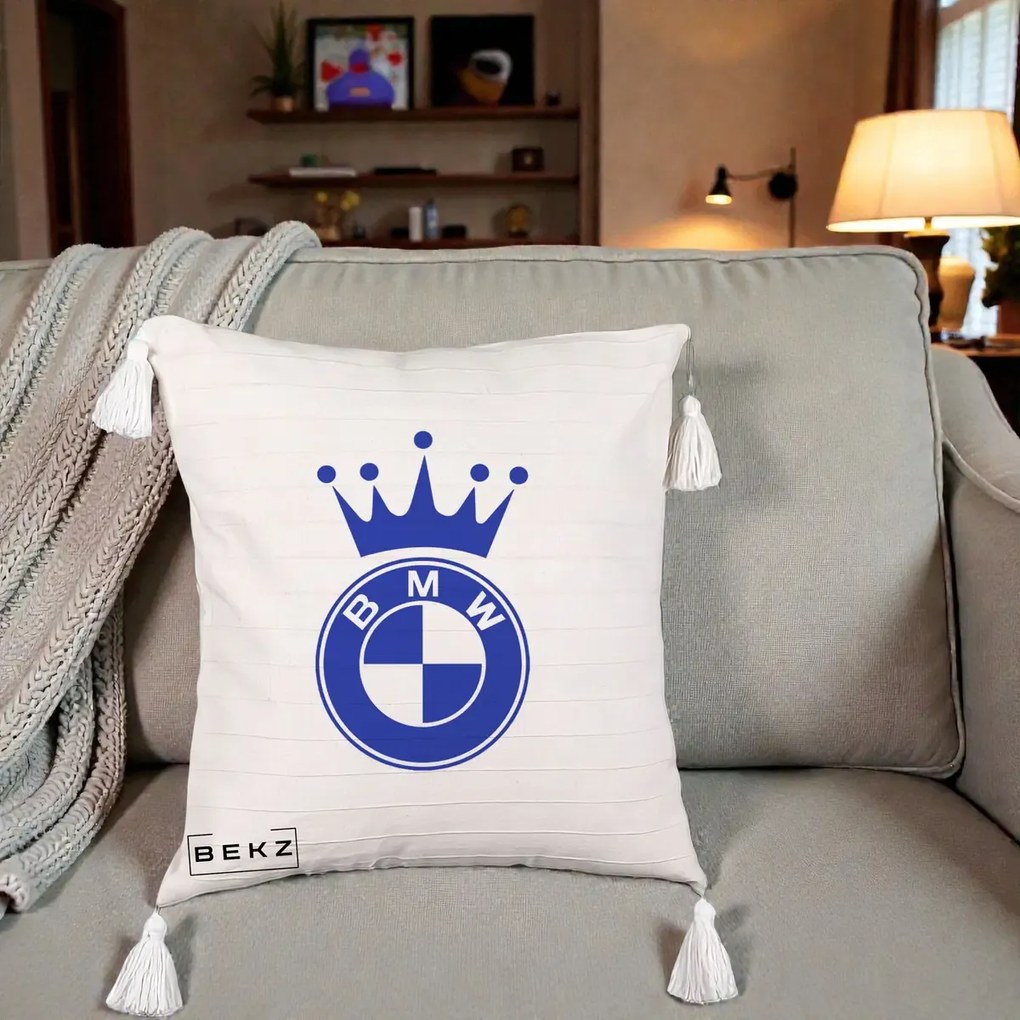 Perna Personalizata cu emblema BMW si Coroana, 40x40 cm, Bej cu Franjuri, Husa Detasabila, Perna Inclusa, BEKZ®
