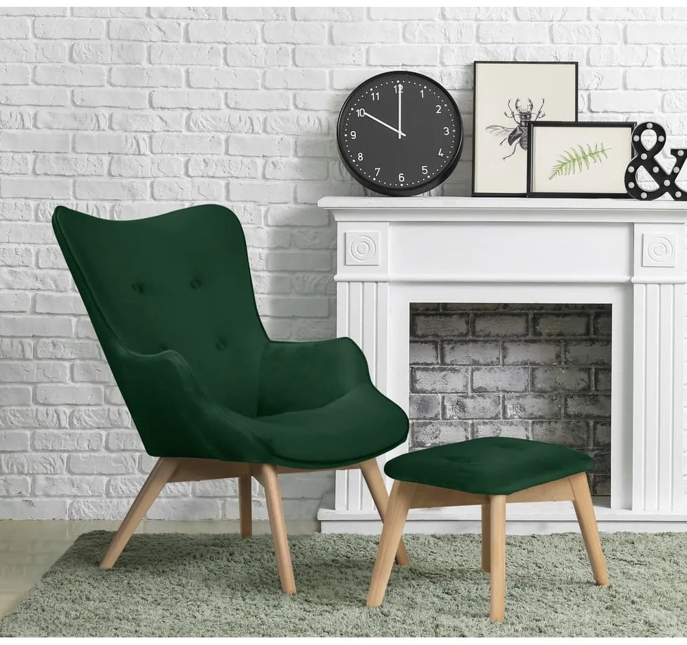 Fotoliu cu taburet verde închis cu tapițerie din catifea Niko – Ropez