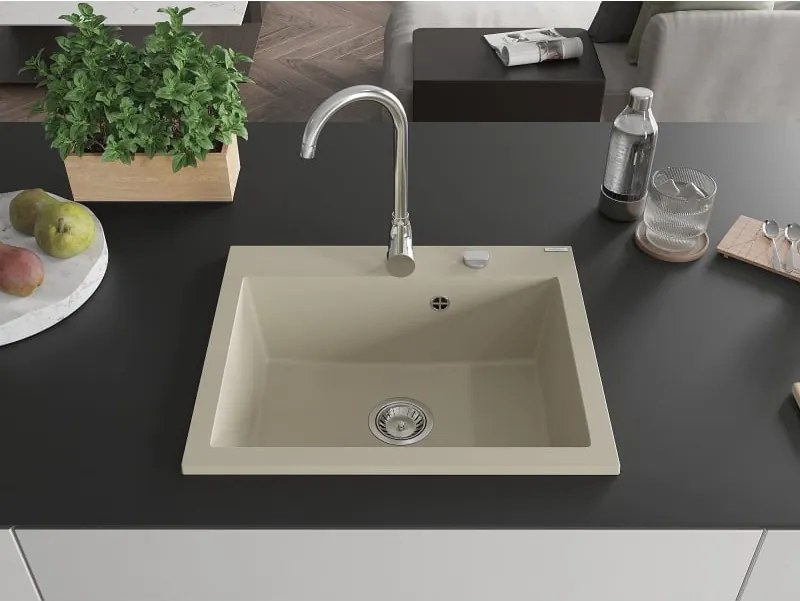 Mexen Elix chiuvetă de bucătărie din granit cu o cuvă 600 x 500 mm, bej, cu sifon cromat - 6525601005-69