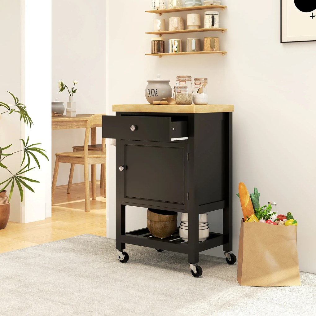 HOMCOM Servantă de bucătărie pe roți, cărucior de servire, blat din lemn de hevea, sertar, 63,5 x 40 x 90 cm, negru | Aosom Romania