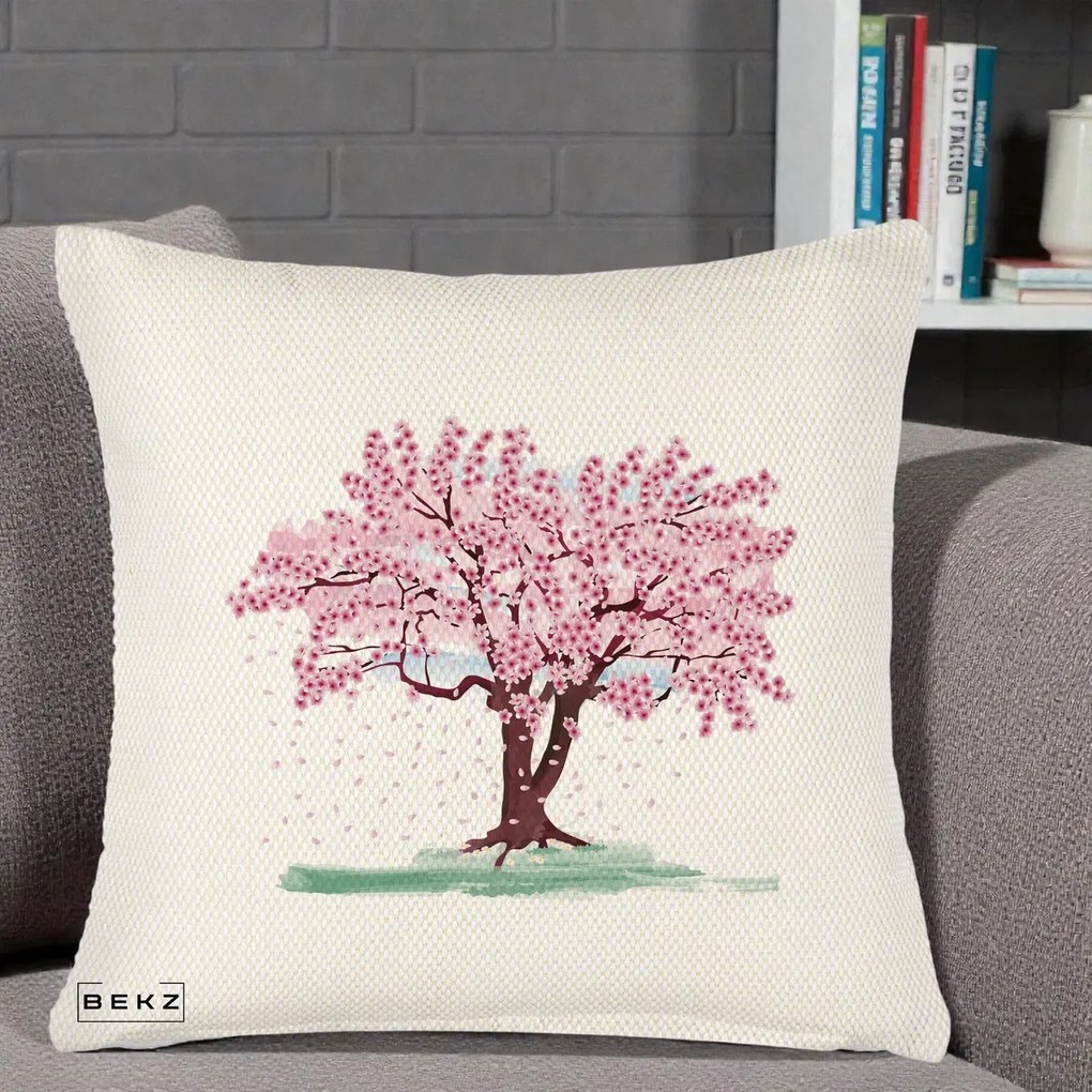 Perna Decorativa Cires Inflorit Acuarela, 40x40 cm, Crem Reliefat, Husa Detasabila, Perna Inclusa, BEKZ®
