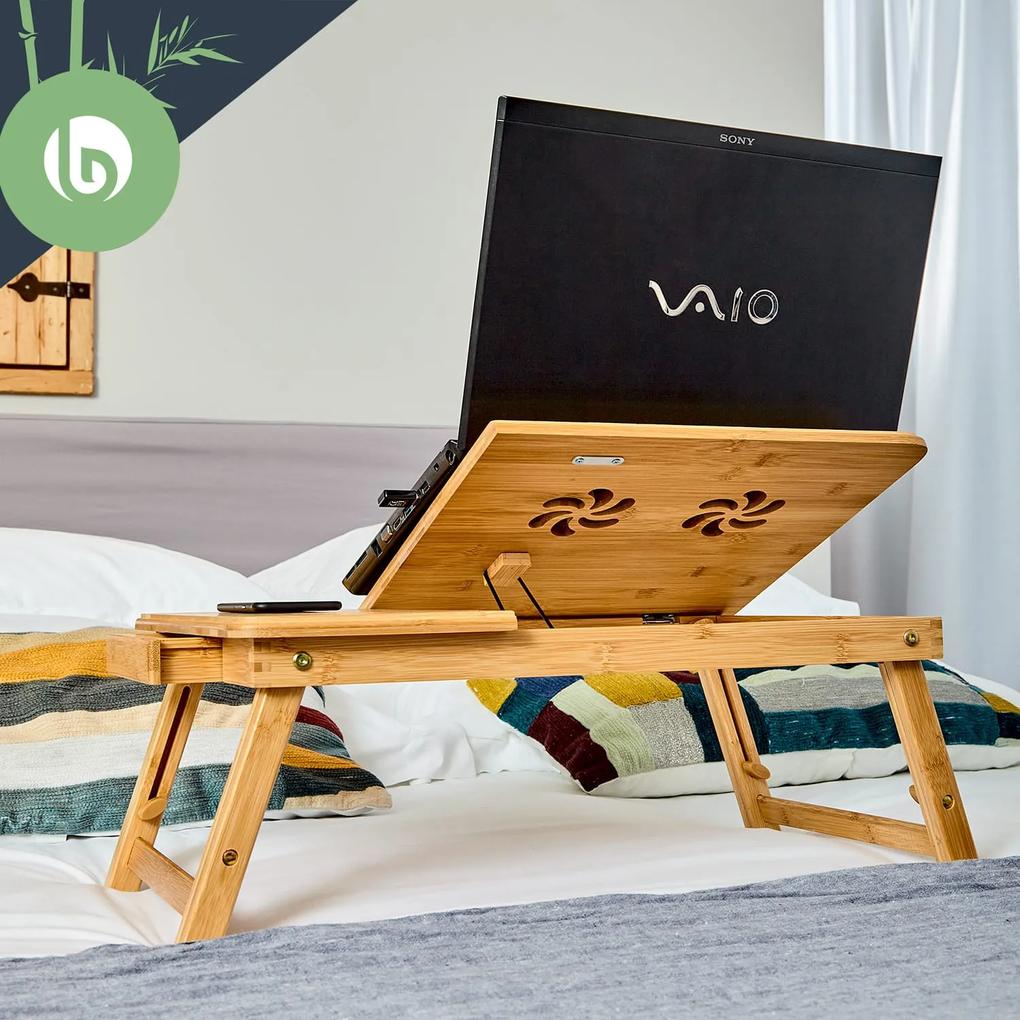 Masă pentru laptop, cu orificii de ventilație, reglabilă pe înălțime, 58 × 23 × 29 cm, bambus