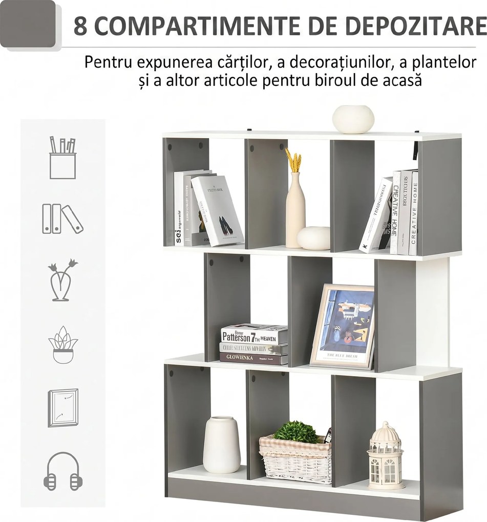 HOMCOM Bibliotecă Mobilă cu 8 Rafturi pentru Sufragerie și Dormitor, 100x24x124 cm, Gri Închis | Aosom Romania