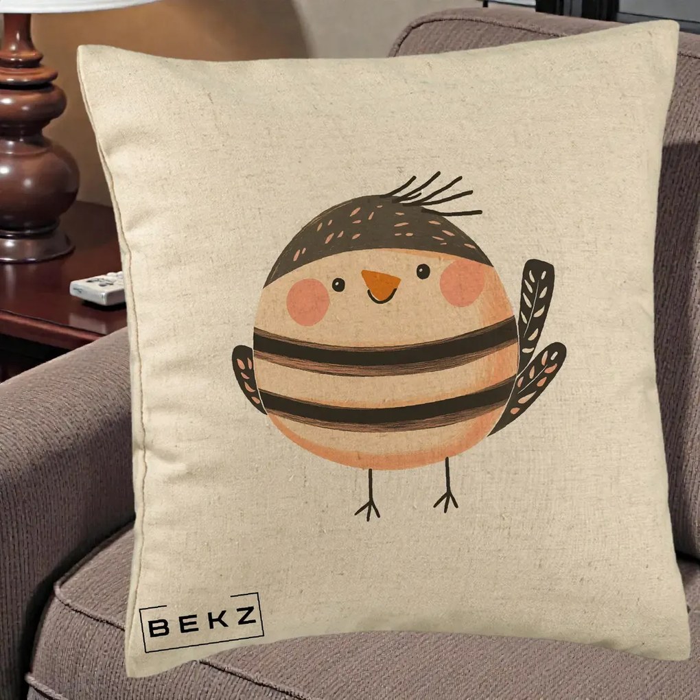 Perna Decorativa Pui Kawaii Bej-Negru Dungat, 40x40 cm, Bej, Husa Detasabila, Perna Inclusa, BEKZ®