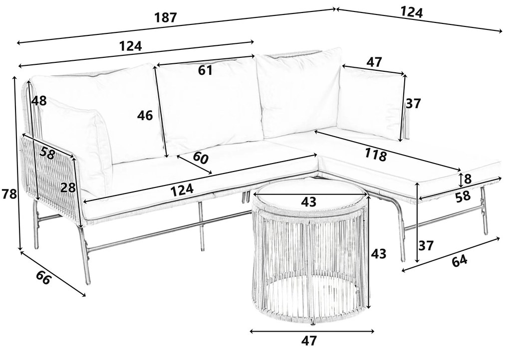 Set de mobilier de grădină cu cadru din fier, acoperit cu frânghie împletită manual și design în formă de L, Bej