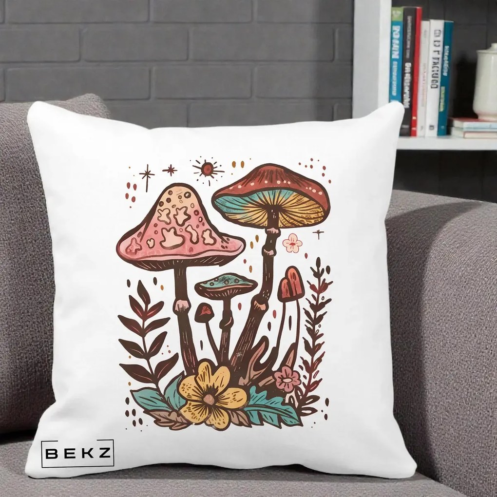 Perna Decorativa Ciuperci Boho Multicolore, 40x40 cm, Alba Mata, Husa Detasabila, Perna Inclusa, BEKZ®
