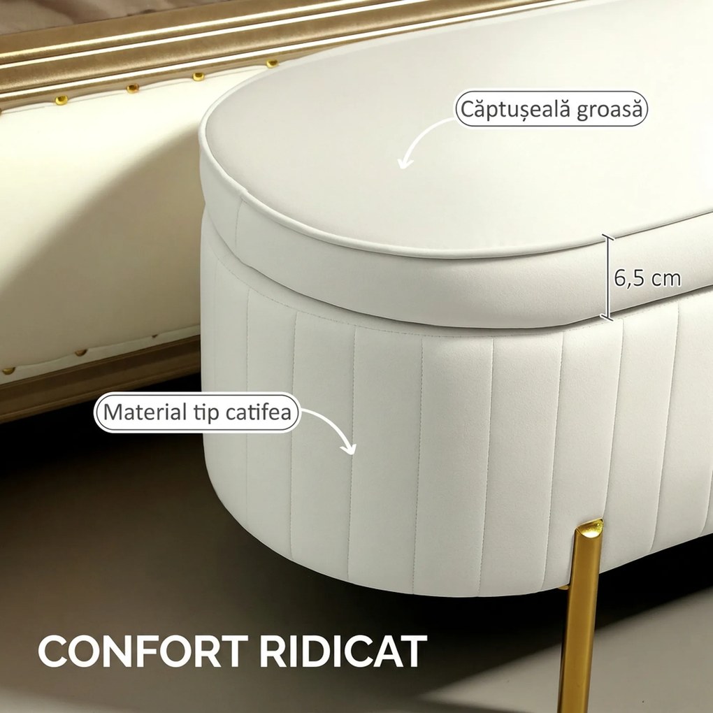 HOMCOM Bancă de Depozitare de Intrare Ovală 72L, Design Canelat cu Capac Rabatabil și Scaun Capitonat, Bancă de la Capătul Patului, Pouf, în Velur și cu Picioare din Lemn de Pin, 108x44x43.5 cm, Crem | Aosom Romania