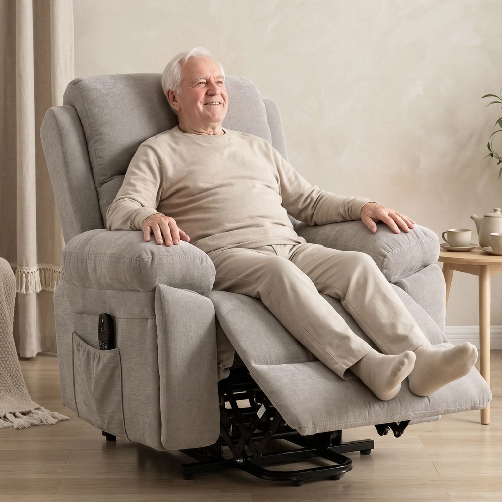 HOMCOM Fotoliu recliner electric cu ridicare, încălzire și masaj în 8 puncte, din chenille, 2 telecomenzi, bej | Aosom Romania