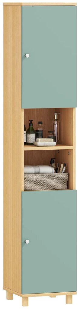 HOMCOM Mobilier de baie corp de depozitare 2 dulapuri 2 compartimente deschise rafturi reglabile 30 x 30 x 166 cm, verde | Aosom Romania