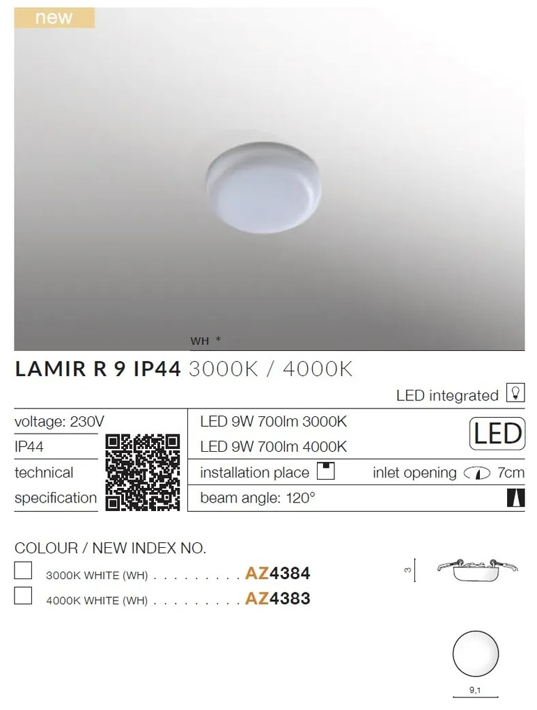 Spot LED incastrabil tavan/plafon baie LAMIR R 9 IP44 4000K