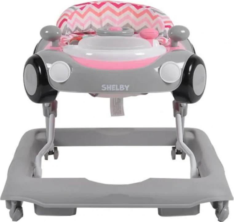 Premergator Reglabil in 3 Trepte NOVOKIDS™ Shelby Mini Car , Roti silentioase, Pliabil, 8 Roti, Cu Melodii si volan, Model Masinuta, Roz