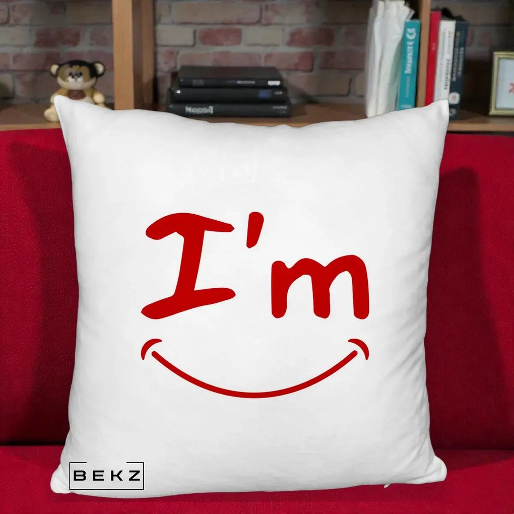 Perna Decorativa I'm Happy Smile, 40x40 cm, Alb Pufos, Husa Detasabila, Perna Inclusa, BEKZ®