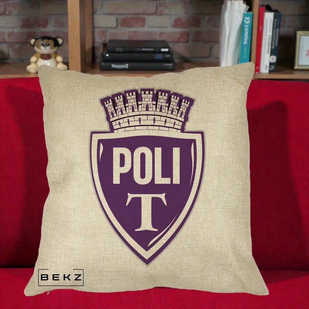 Perna Personalizata Poli Timisoara Fotbal, 40x40 cm, Crem, Husa Detasabila, Perna Inclusa, BEKZ®