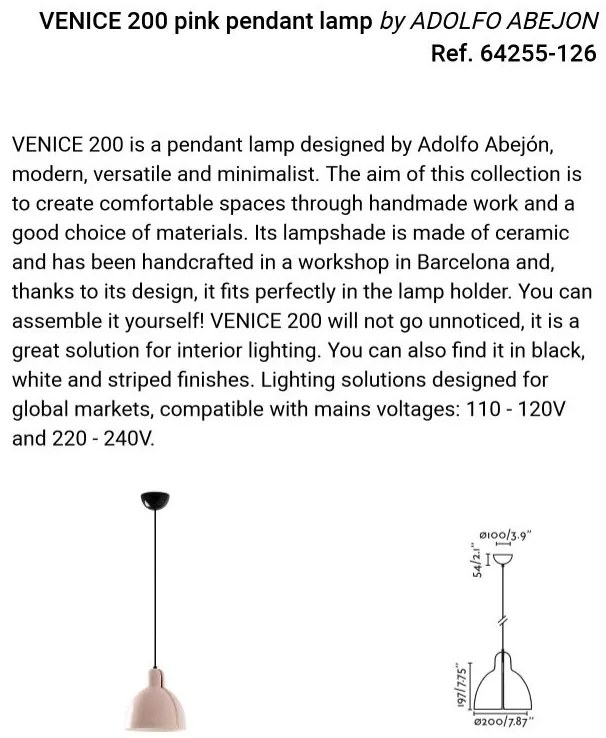 Pendul cu abajur ceramic realizat manual VENICE 200, roz