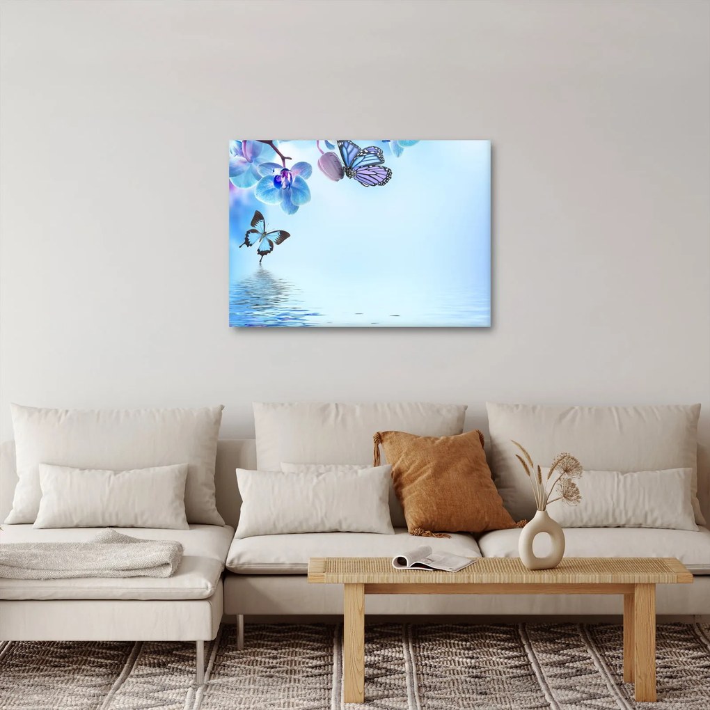 Tablou - Fluture pe flori de orhidee, albastru (70x50 cm)