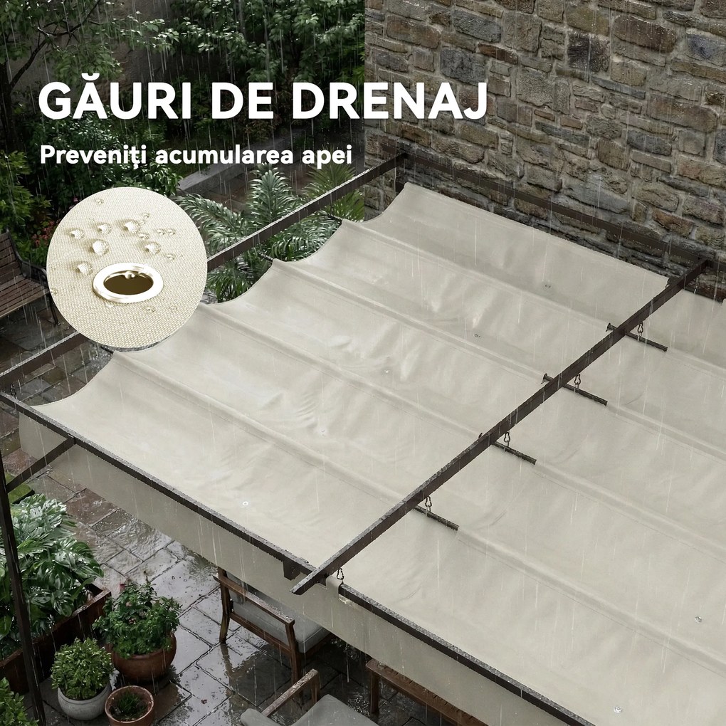Outsunny Pergolă Montată pe Perete 3x4 m cu Acoperiș Retractabil Glisant, Găuri de Drenaj, Pergolă de Grădină din Poliester și Oțel, pentru Terasă, Grădină, Exterior, UV30+, Crem | Aosom Romania
