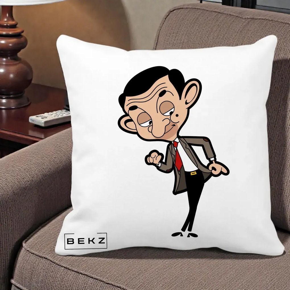 Perna Personalizata Mr. Bean Caricatura, 40x40 cm, Alba Mata, Husa Detasabila, Perna Inclusa, BEKZ®
