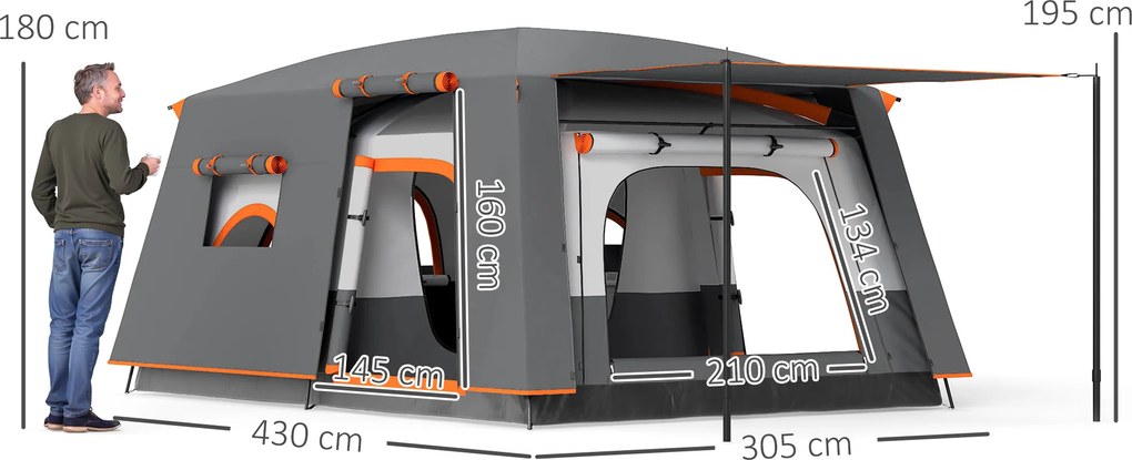 Outsunny Cort de Camping pentru 4-6 Persoane cu 2 Camere, Verandă și Geantă de Transport, 430x305x195 cm, Gri | Aosom Romania