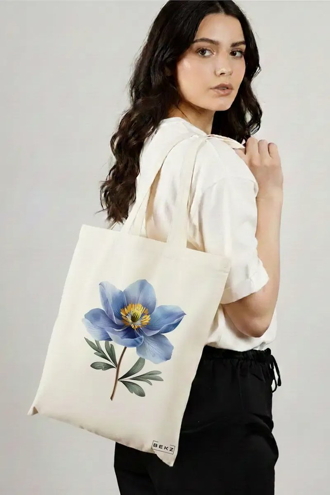 Sacosa de Panza pentru Cumparaturi, Geanta Tote, model Blue Flower 38 x 34.5 cm, Alba, BEKZ®