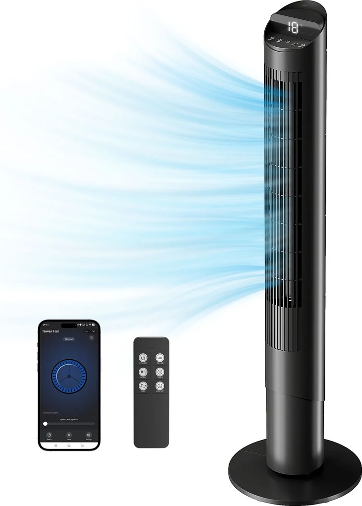 HOMCOM Ventilator de Coloană 116 cm, ventilator WiFi cu aplicație de control, dormitor, culoare neagră | Aosom Romania