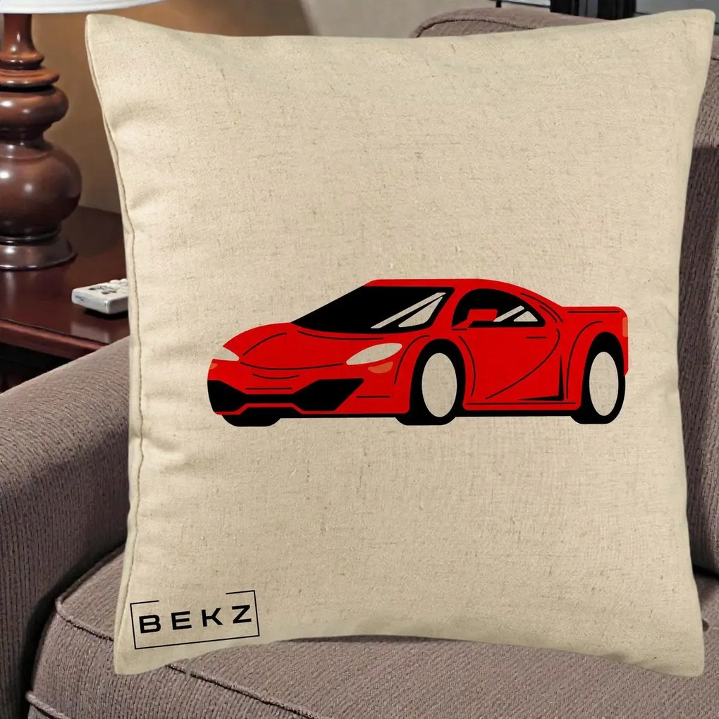 Perna Personalizata Masina Sport Rosie Grafic, 40x40 cm, Bej, Husa Detasabila, Perna Inclusa, BEKZ®
