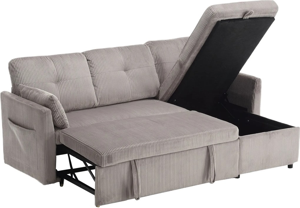 Canapea modulară în formă de L din catifea, canapea extensibilă rabatabilă convertibilă, cu spații de depozitare în scaune, Gri deschis