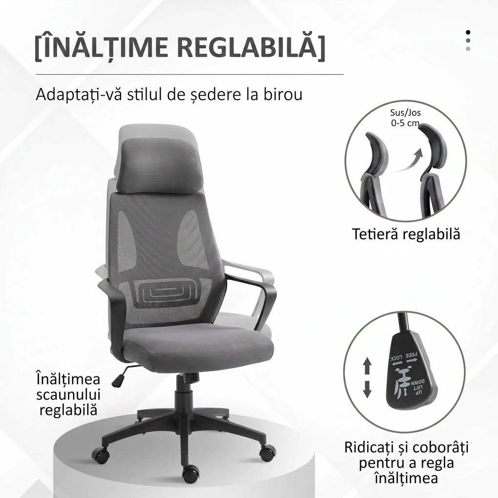 Vinsetto Scaun de Birou Ergonomic cu Brațe și Tetieră Reglabilă, Scaun Pivotant cu Suport Lombar, 64x55x116-126 cm, Negru | Aosom Romania