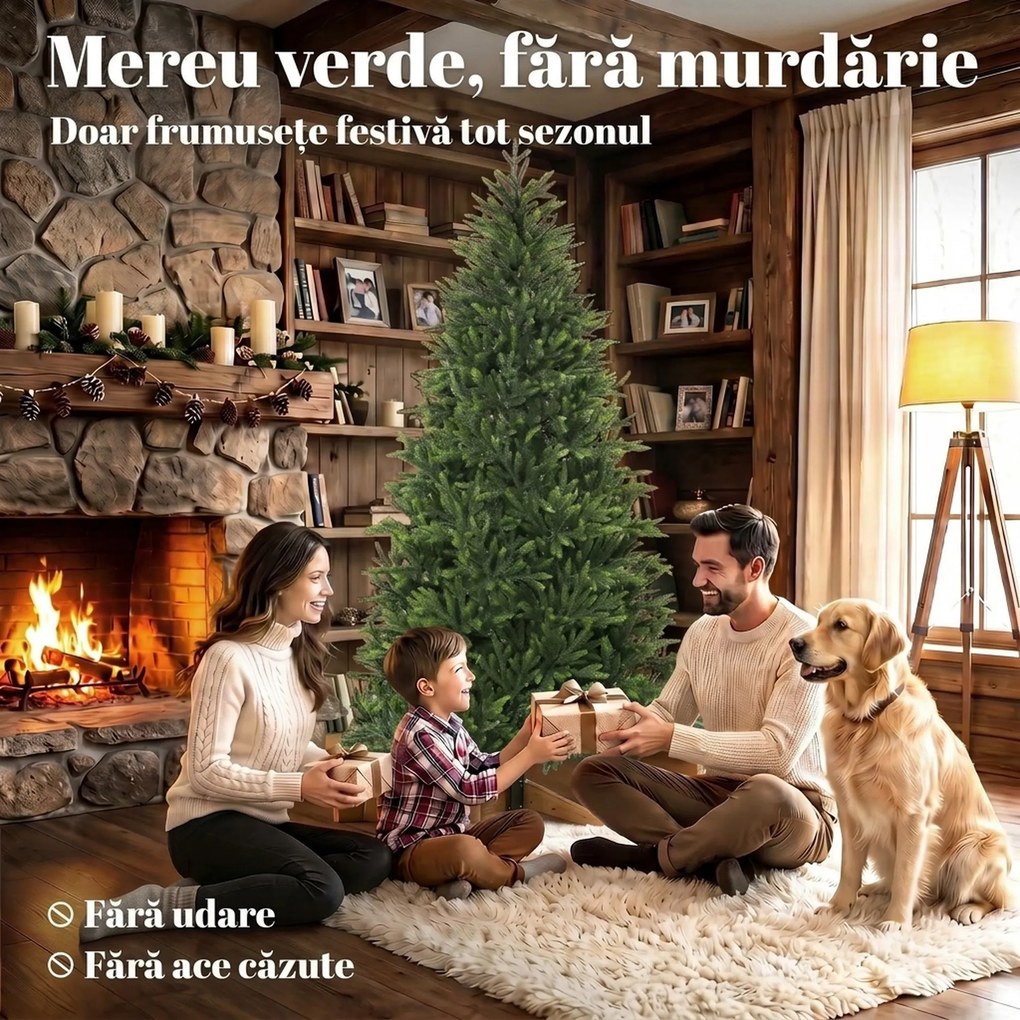 HOMCOM Brad artificial de Crăciun 180 cm, aspect realist și bogat, 732 ramuri din PE ignifug, bază pliabilă din lemn, verde | Aosom Romania
