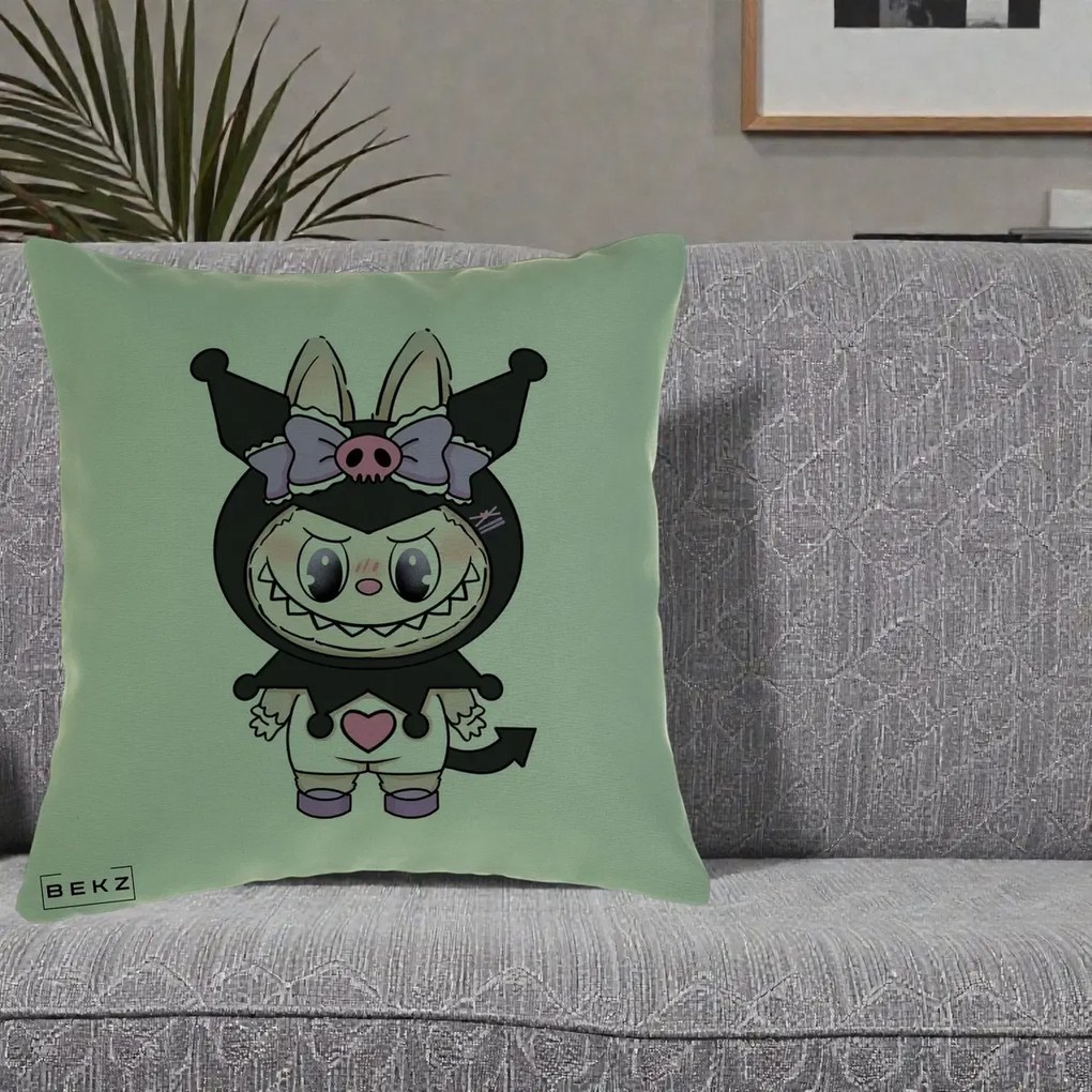 Perna Personalizata Labubu x Kuromi, 40x40 cm, Verde, Husa Detasabila, Perna Inclusa, BEKZ®