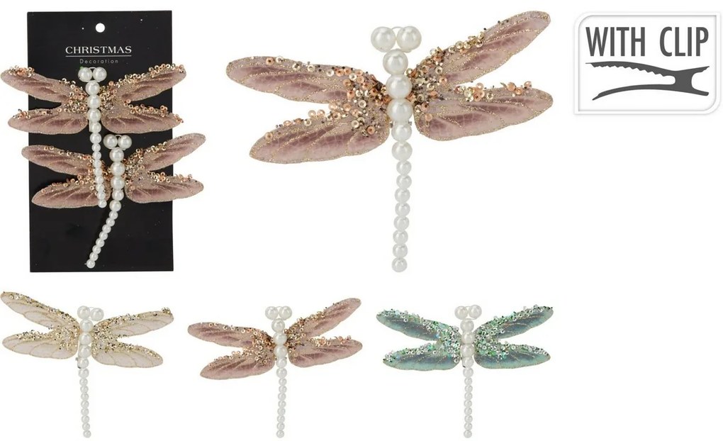 Set de decorațiuni de Crăciun Libelula, verde,13x9x1,5 cm, cu clemă, SET DE 2 BUCĂȚI