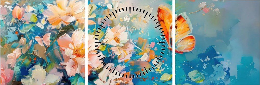 Tablou - Fluture și flori, pictură în ulei II. (cu ceas) (90x30 cm)