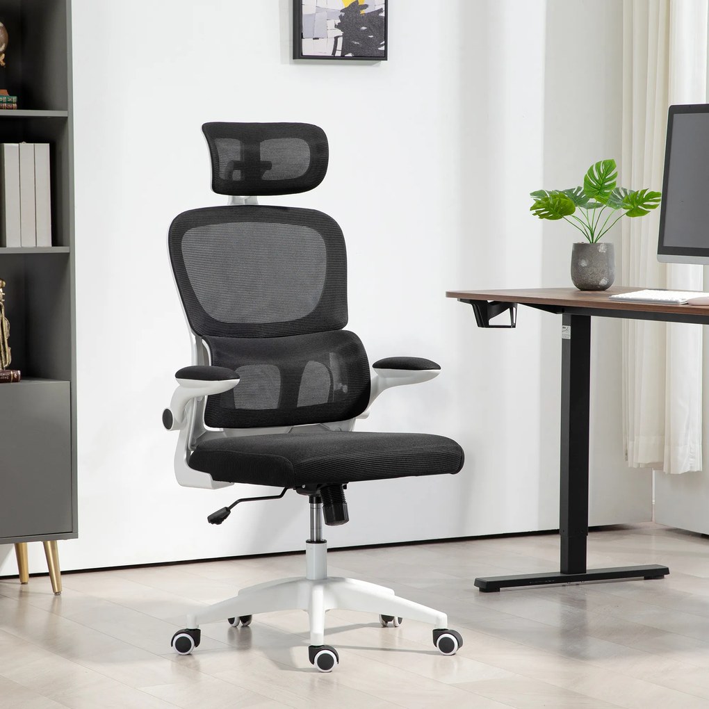 HOMCOM Scaun Birou cu Înălțime Reglabilă, Brațe Rabatabile și Tetieră, Scaun Ergonomic 62x61x112-120 cm, Negru | Aosom Romania