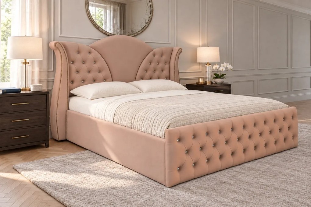 Pat tapițat Chesterfield din catifea Velora Cristal 180×200 cm, cappuccino, cu ladă de depozitare